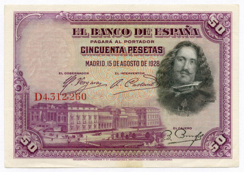 Банкнота Испания 50 песет 1928 год D4,312,260. XF