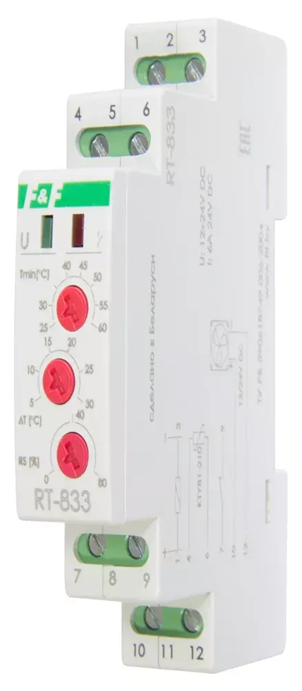 Реле контроля температуры RT-833 12-24В DC 8А 1 NO/NC IP20 (для управления скоростью вращения вентилятора; от +25 до +60град.C выносн. датчик)