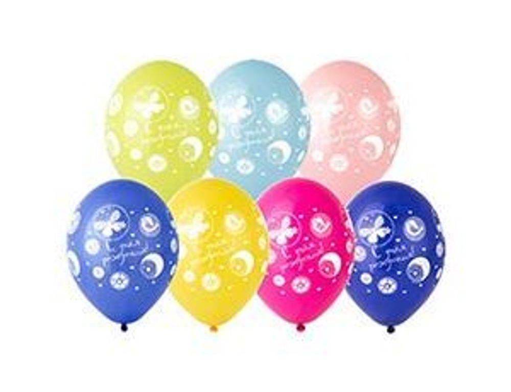 Шар (14"/36 см) С ДР Цветы Птицы, Шелкография пастель 25 шт.