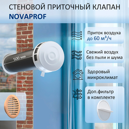 Клапан стеновой приточный NovaPROF КИВ-125 с вентканалом 0,5 м, фильтром и бежевой фасадной решеткой, RAL1015