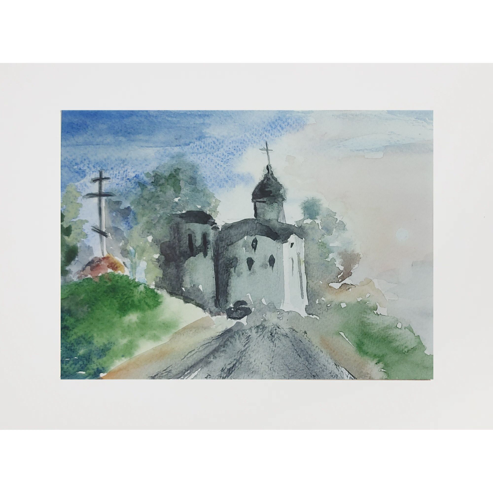 Картина акварельная авторская в паспарту 21х30 см на стену для интерьера "Утренний туман в Выбутах"