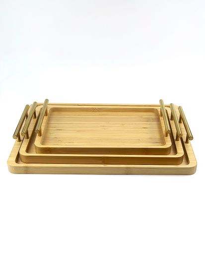 Поднос прямоугольный 30х20 см. из бамбука с золотистыми ручками