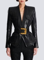 Куртка из кожи ягнёнка с одной пуговицей и поясом от Balmain