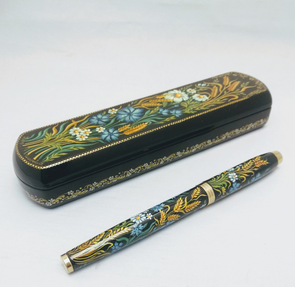 Ручка с росписью Палех в шкатулке "Пшеница с васильками"
