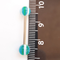 Штанга 16 мм с акриловыми цветными шариками 6 мм (Голубой с зеленым, белым) для пирсинга языка. Медицинская сталь. 1 шт