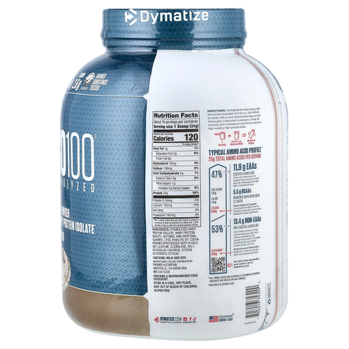 Dymatize, ISO100®, гидролизованный, 100% изолят сывороточного протеина, печенье и сливки, 2,3 кг (5 фунтов)