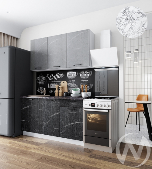 Кухня Мэйбл 1.5м (корпус белый/мрамор лайт; мрамор дарк) 38мм мрамор итальянский