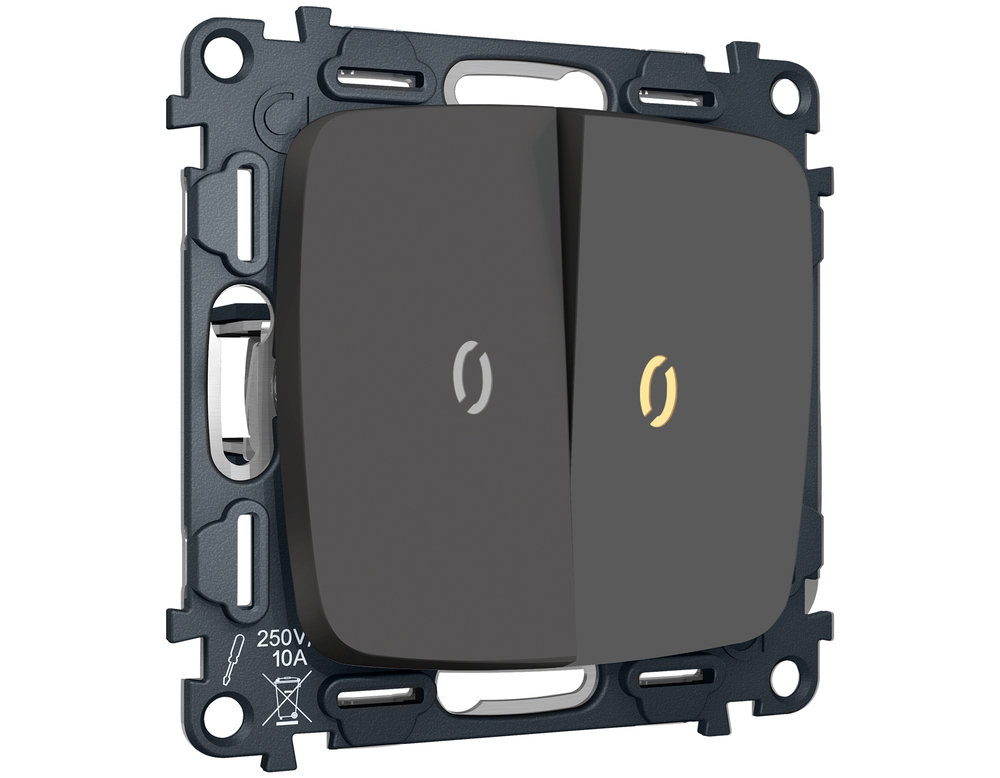 MO904030 Комплект механизма 2-кл проходного выключателя с подсветкой 3200K OMEGA Графит мягкое касание QUANT (OP9040, VM120, G22Y)