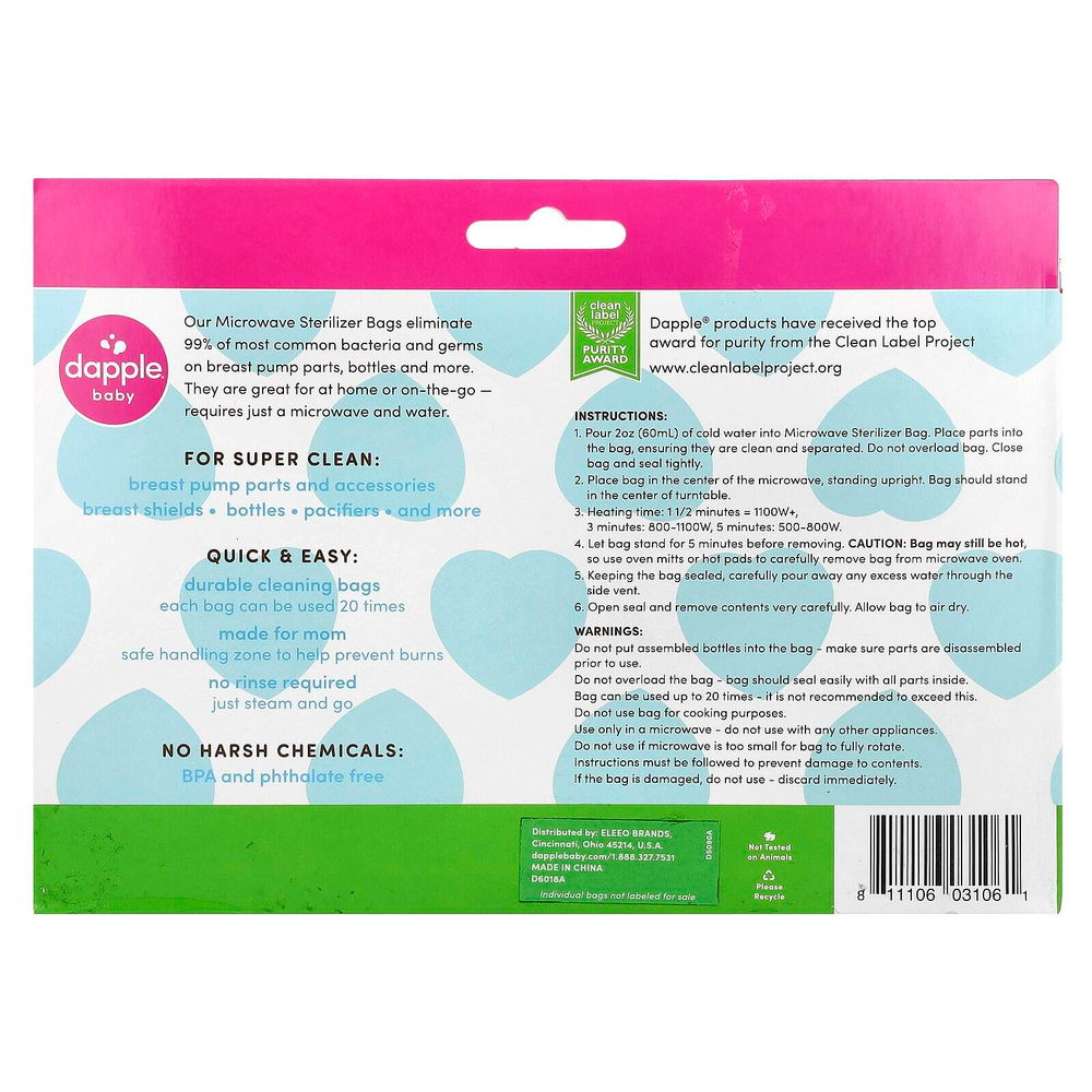 Dapple Baby, Пакеты для стерилизации в микроволновой печи, для частей молокоотсоса, бутылочки и пустышки, 8 пакетов для стерилизации