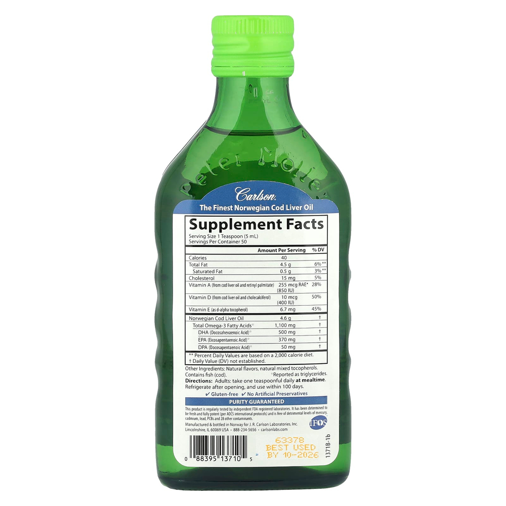 Carlson, Cod Liver Oil, Natural Green Apple , 1,100 mg, 8.4 fl oz (250 ml)