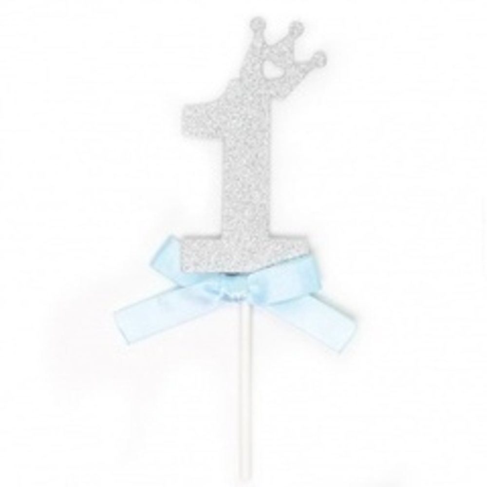 Топпер в торт, Цифра 1 (корона), Серебро, 8*4 см, 1 шт.