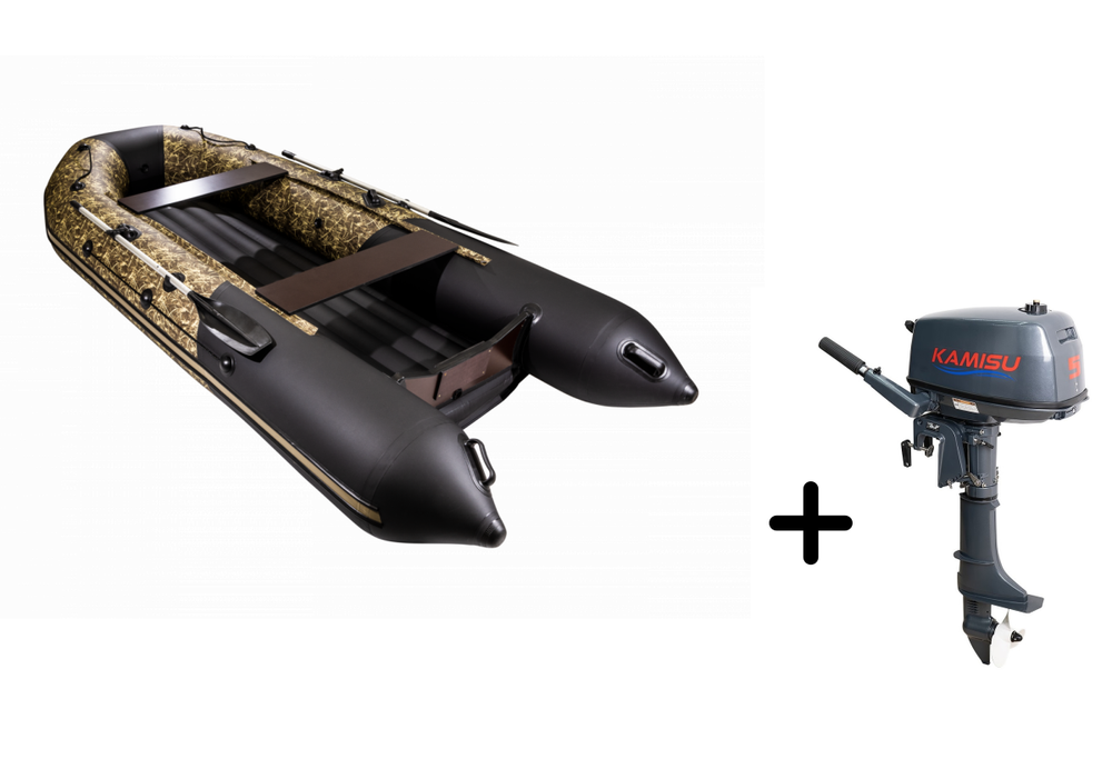 Таймень NX 3800 НДНД PRO камуфляж камыш/черный + KAMISU T 5 BMS (комплект лодка + мотор)