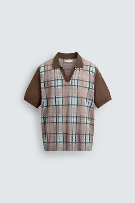 ZARA ТРИКОТАЖНОЕ ПОЛО В КЛЕТКУ С ПРИНТОМ, ТЕМНО-БЕЖЕВЫЙ