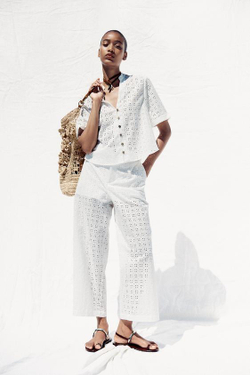 ZARA БРЮКИ-КЮЛОТЫ С АЖУРНОЙ ВЫШИВКОЙ, БЕЛЫЙ