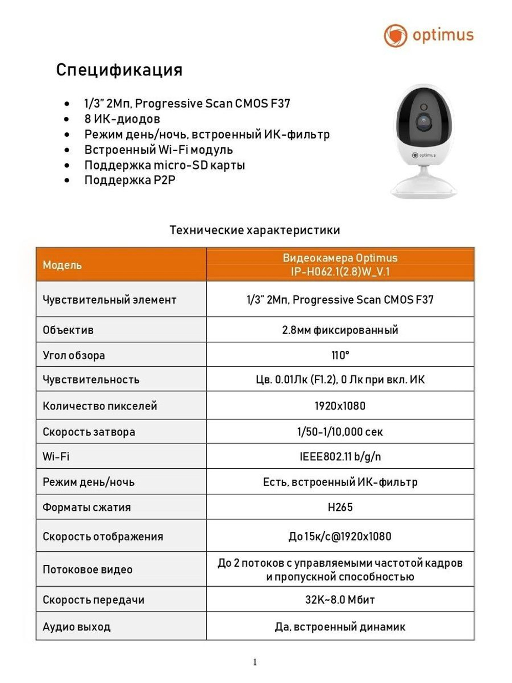 Видеокамера Optimus IP-H062.1(2.8)W_V.1