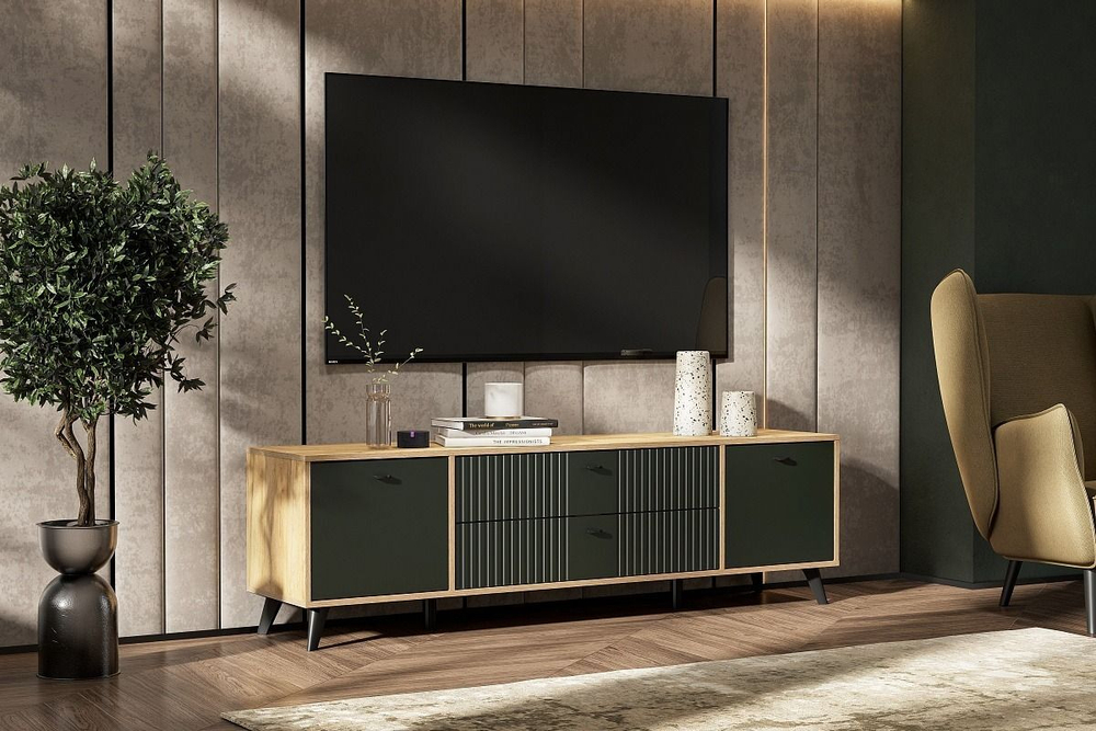 Тумба под телевизор напольная Дуб Золотой/Олива Софт 180х40х53
