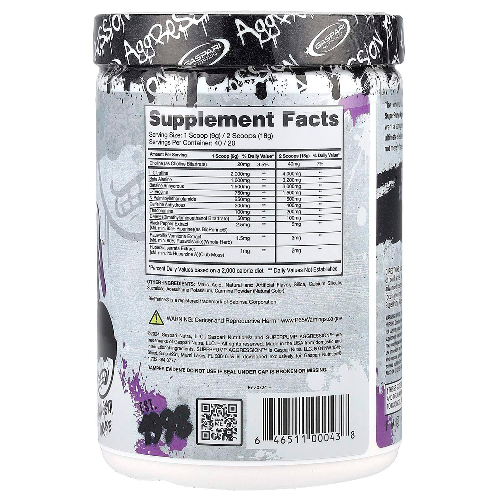 Gaspari Nutrition, SuperPump Aggression ™, перед тренировкой, с гангста-виноградом, 360 г