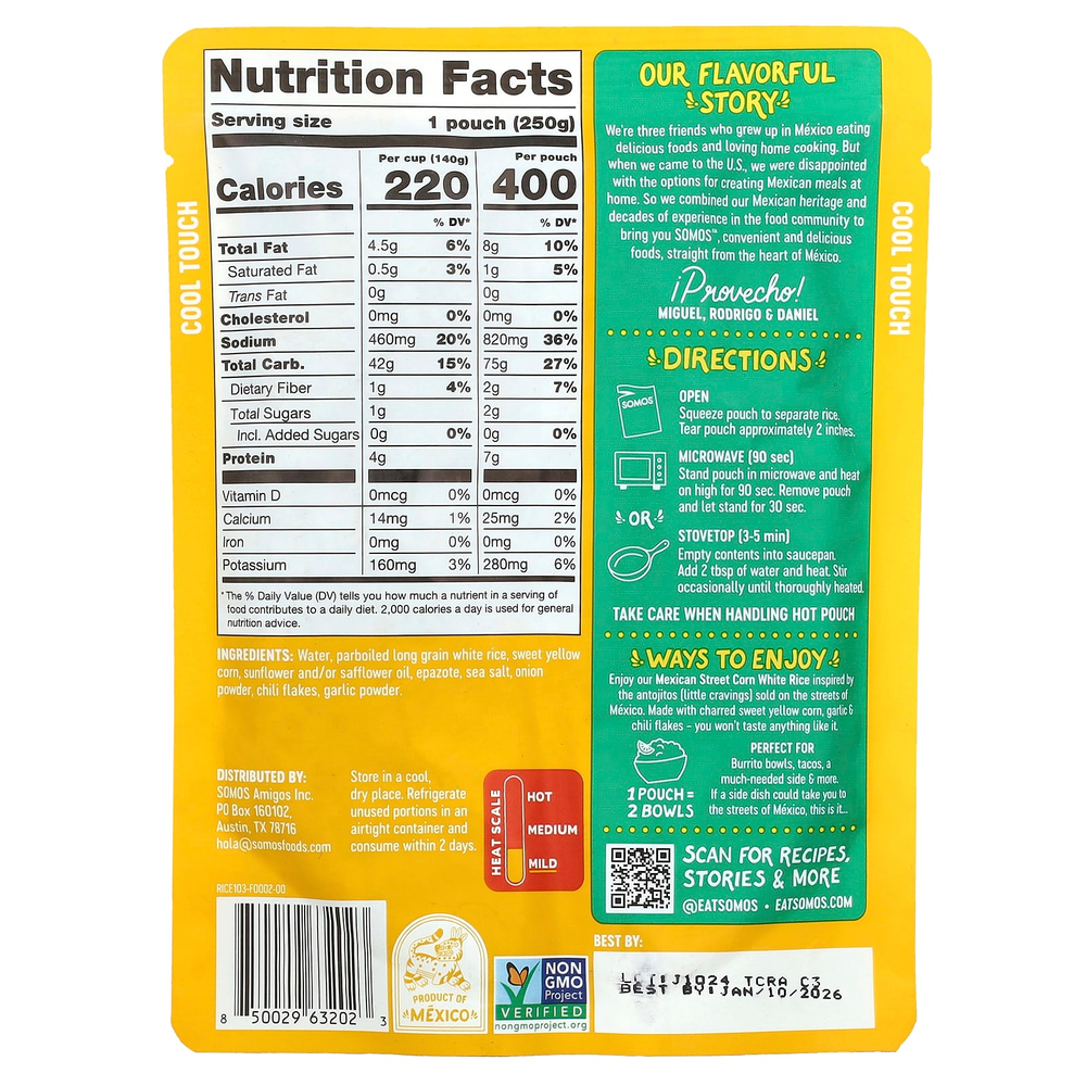 Somos, Мексиканский белый рис с кукурузой, мягкий, 25 г (8,8 унции)