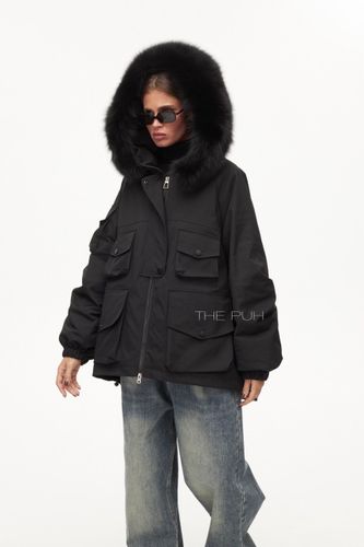 Черная объемная укороченная парка с капюшоном
