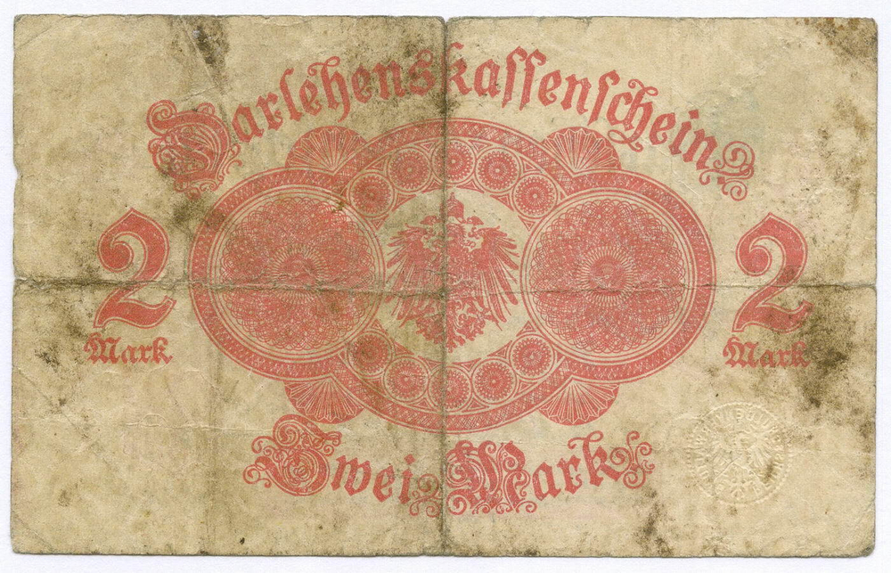 Банкнота Германия 2 марки 1914 год № 86-978486. F