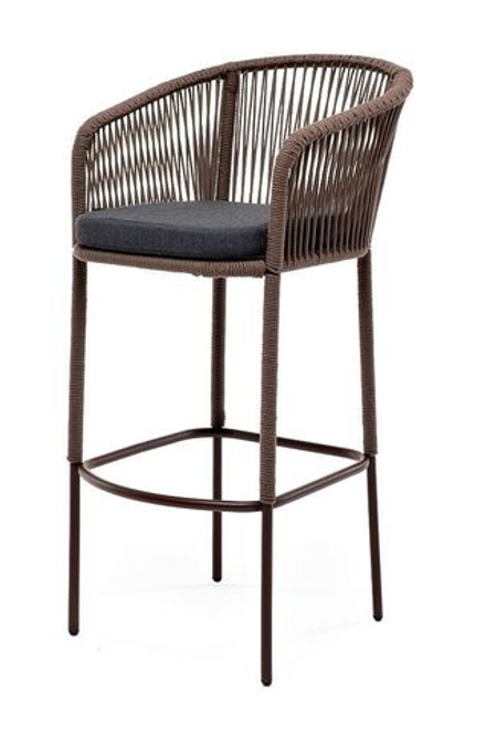 "Марсель" стул барный плетеный из роупа, каркас из стали коричневый (RAL8016) муар, роуп коричневый круглый, ткань темно-серая 027