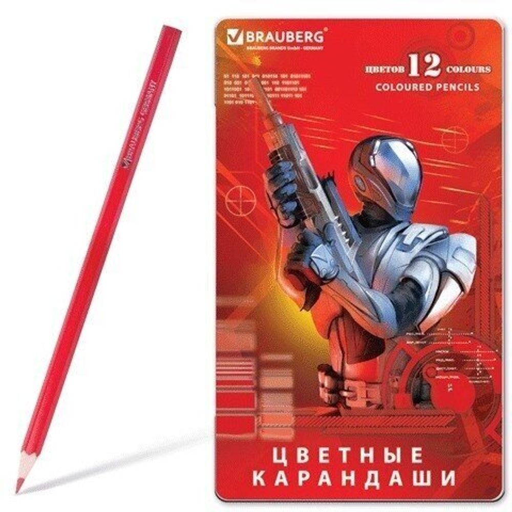 Карандаши цветные BRAUBERG "Star Patrol", 12 цв., заточенные, металлическая упаковка, 180543