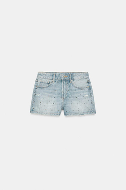 ZARA ДЖИНСОВЫЕ ШОРТЫ TRF СО СРЕДНЕЙ ПОСАДКОЙ И ДЕКОРОМ, ГОЛУБОЙ
