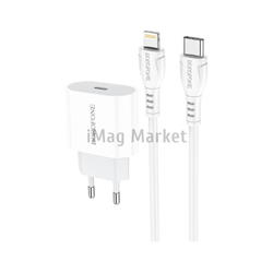 Сетевое зарядное устройство Borofone BA61A, 1 USB-C, 10.5W, 2.1A + кабель Lightning, 1 м, белый