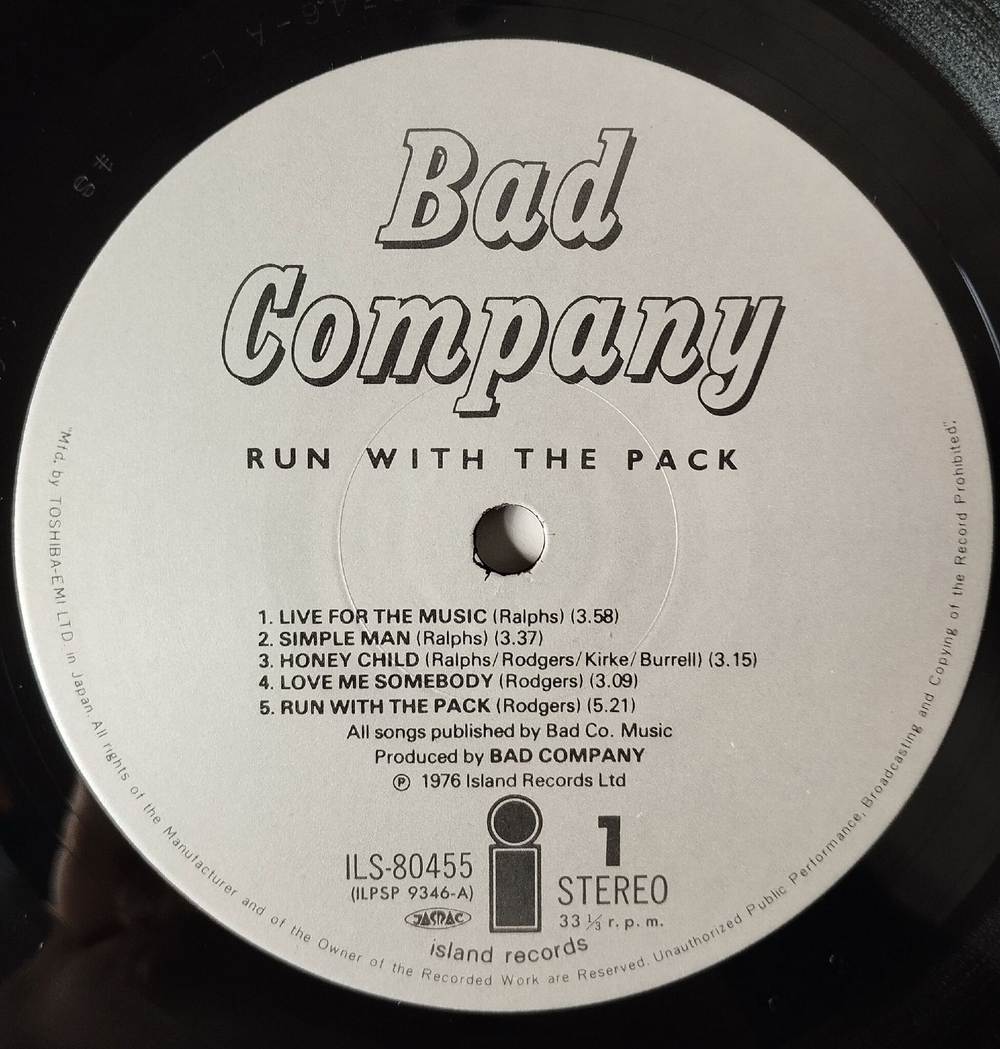 Винтажная виниловая пластинка LP Bad Company Run With The Pack (Japan 1976) (No Obi) ILS-80455