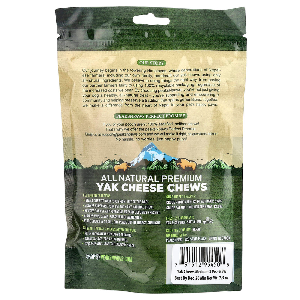 peaksNpaws, полностью натуральный жевательный сыр як премиального качества, средний, 3 жевательные таблетки, 7,5 унции