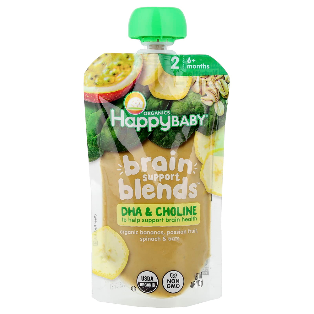 Happy Family Organics, Happy Baby®, Brain Support Blends™, для детей от 6 месяцев, органические бананы, маракуйя, шпинат и овсянка, 113 г (4 унции)