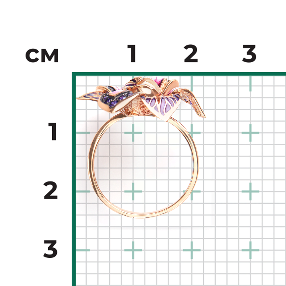 Кольцо «Гардения» из красного золота с фианитами и эмалью