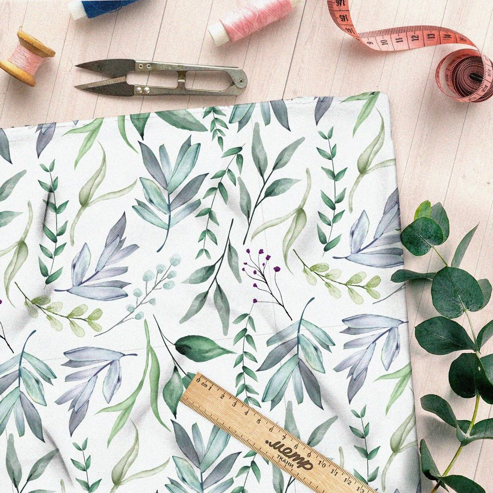 Ткань футер 2-х нитка зеленые акварельные листочки