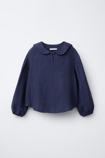 ZARA РУБАШКА С КРУГЛЫМ ВОРОТНИКОМ ИЗ 100% ЛЬНА, СИНИЙ