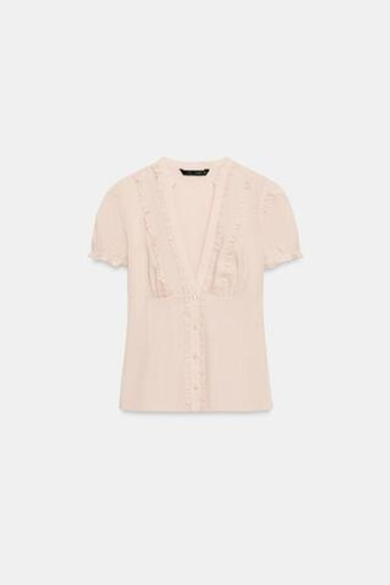 ZARA РУБАШКА ИЗ ПОПЛИНА С ВОЛАНАМИ, ПАСТЕЛЬНО-РОЗОВЫЙ
