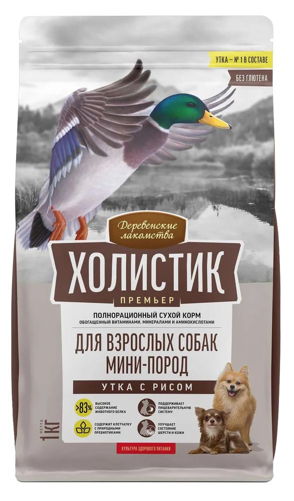 Деревенские лакомства 1кг Сухой корм для собак мелких пород, Утка рис