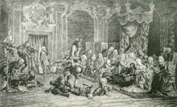 Шуты при дворе императрицы Анны Иоанновны. Гравюра по известной картине В. Якоби. 1740 г.