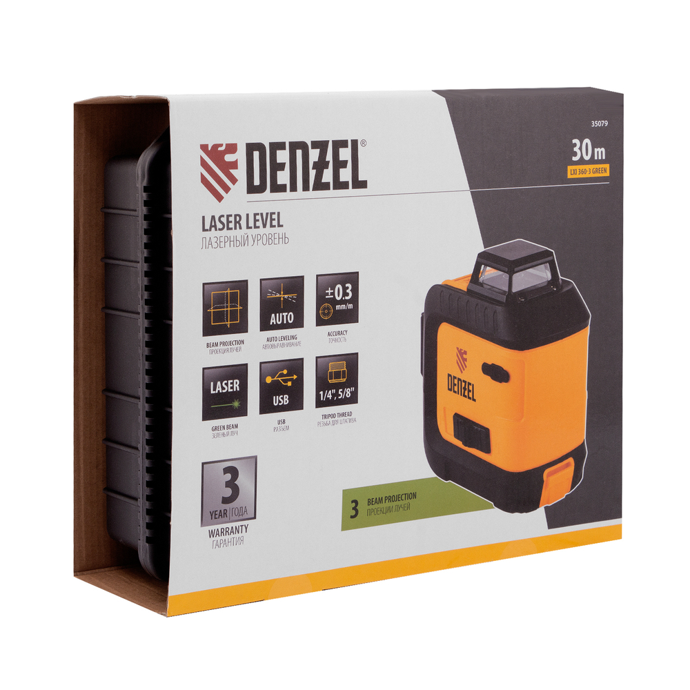 DENZEL Уровень лазерный мультипризменный LXI 360-3 Green 30м 520нм аккумулят Li 2800 mAh резьба 1/4