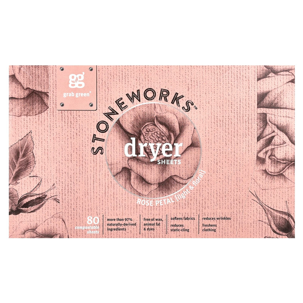 Grab Green, Stoneworks, салфетки для сушки, лепестки роз, 80 компостируемых листов