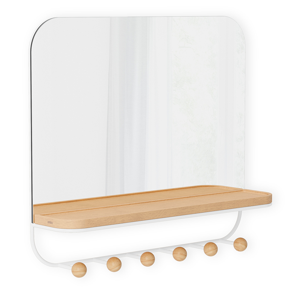 Зеркало с крючками для аксессуаров UMBRA Estique, 46х41 см, белое/натуральное дерево