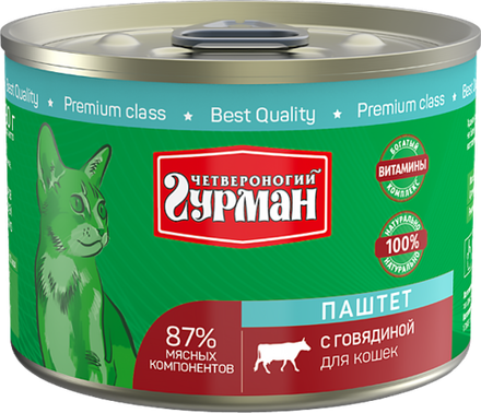 Корм консервированный для кошек Четвероногий гурман "Паштет с говядиной", 190 г