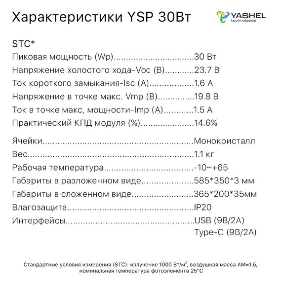 Туристическая солнечная панель YASHEL 30 Ватт, фото №926983762