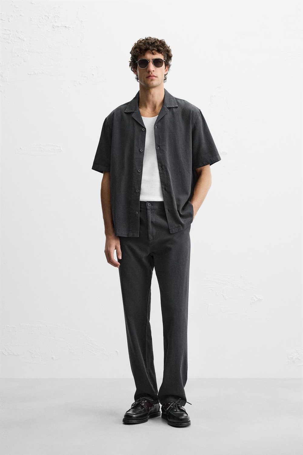 ZARA РУБАШКА ИЗ ХЛОПКА И ЛЬНА, УГОЛЬНЫЙ