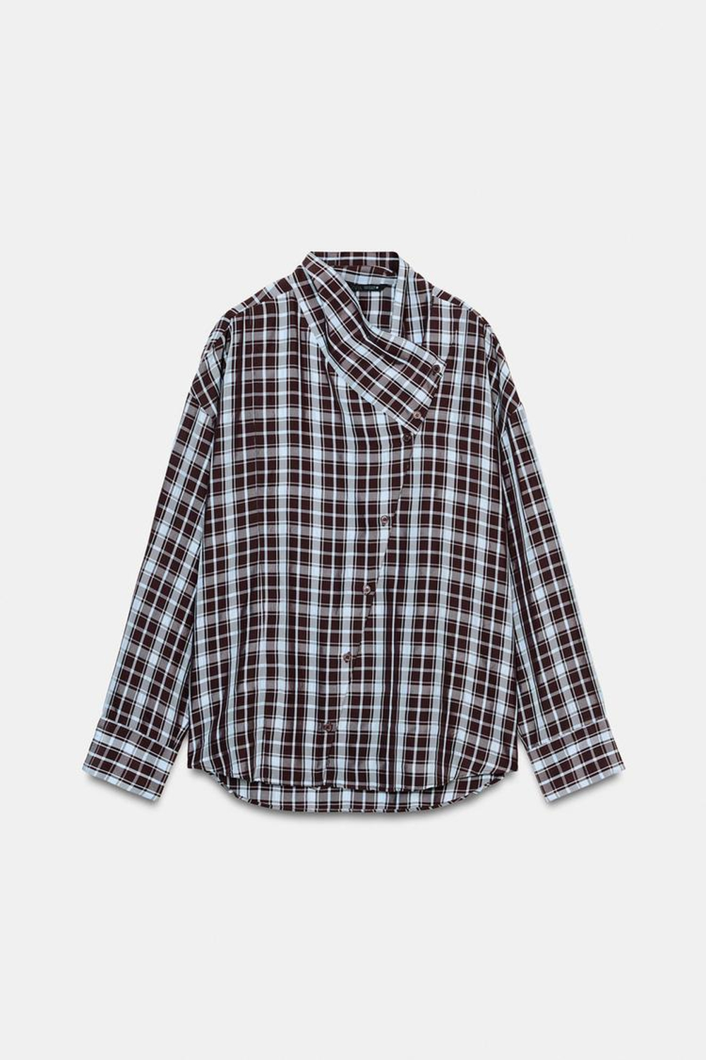 ZARA РУБАШКА В КЛЕТКУ С ЗАПАХОМ, КОРИЧНЕВО-СИНИЙ