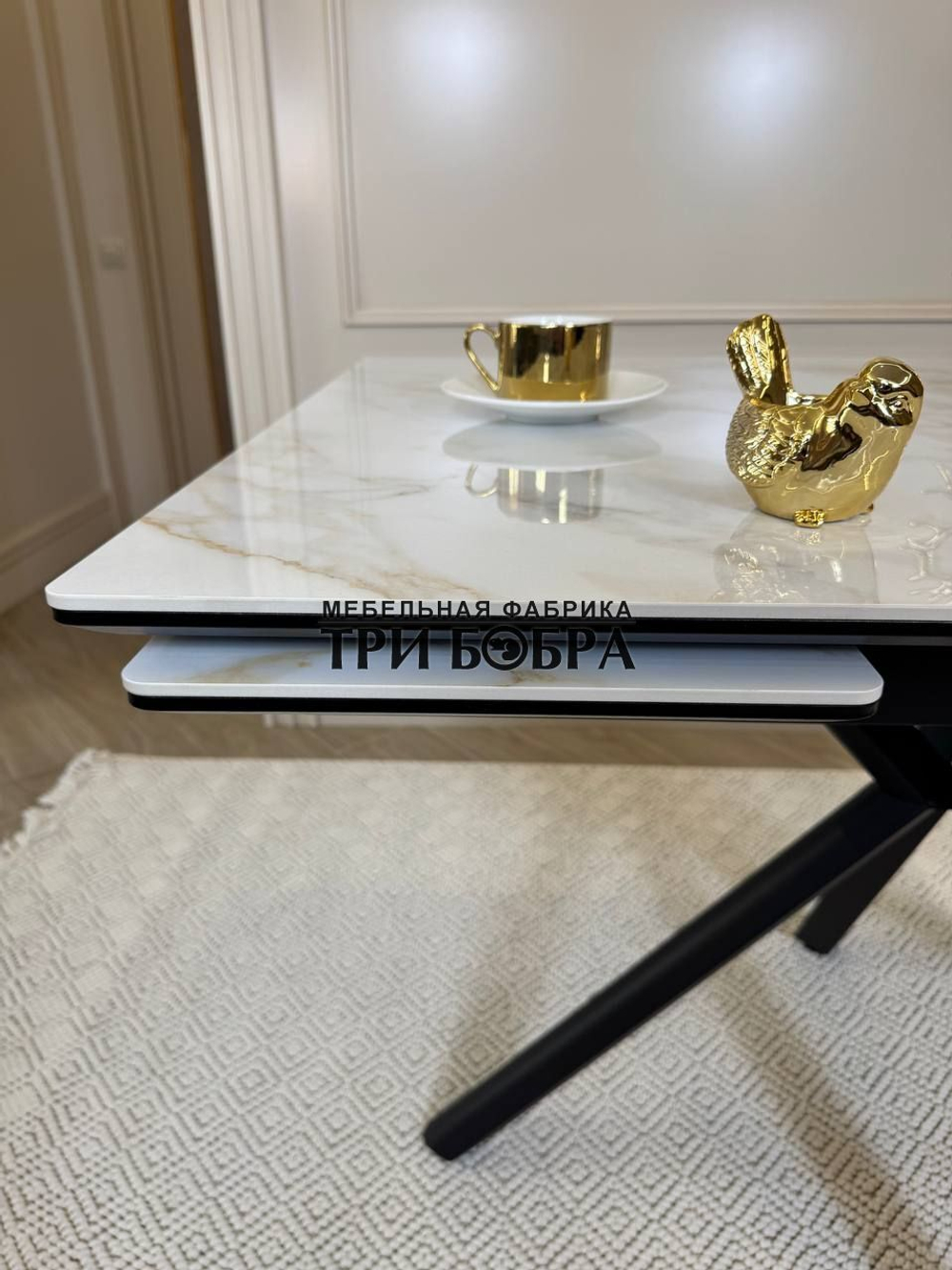 Кухонный раскладной стол "Монако" из керамогранита, белый мрамор