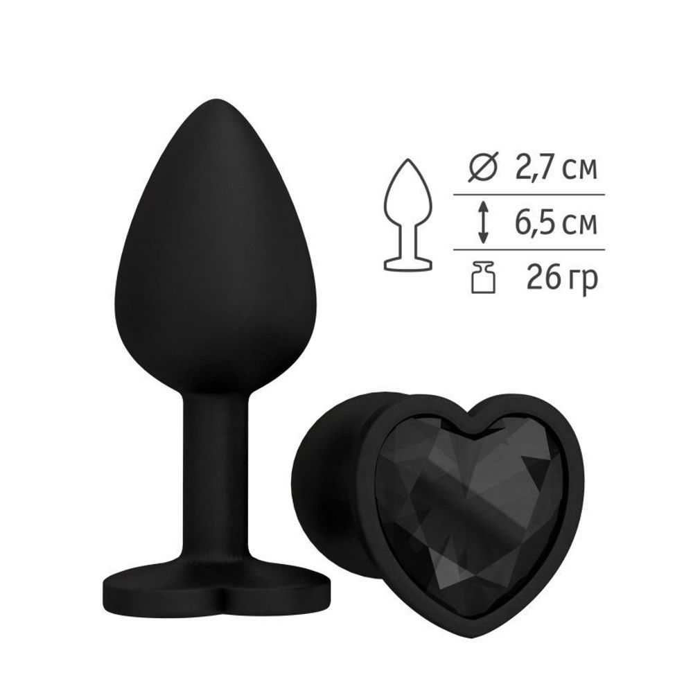 508-09 BLACK-DD / Анальная втулка силиконовая черная с черным кристаллом сердце