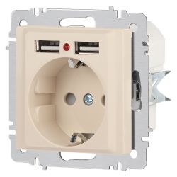 Розетка Intro Accent 6-410-02 с заземлением 2P+E Schuko со шторками 16А-250В + 2хUSB IP20 СУ слоновая кость
