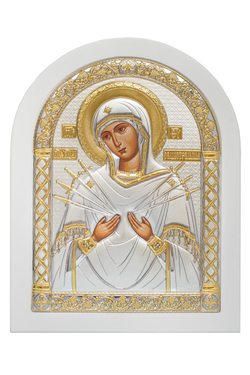 Семистрельная БМ, икона арочная, белое дерево 206х275
