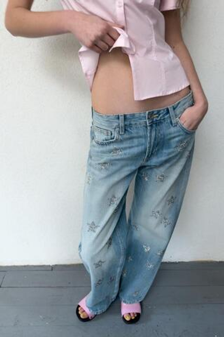 ZARA ДЖИНСЫ TRF WIDE-LEG С НИЗКОЙ ПОСАДКОЙ И СТРАЗАМИ, СИНИЙ