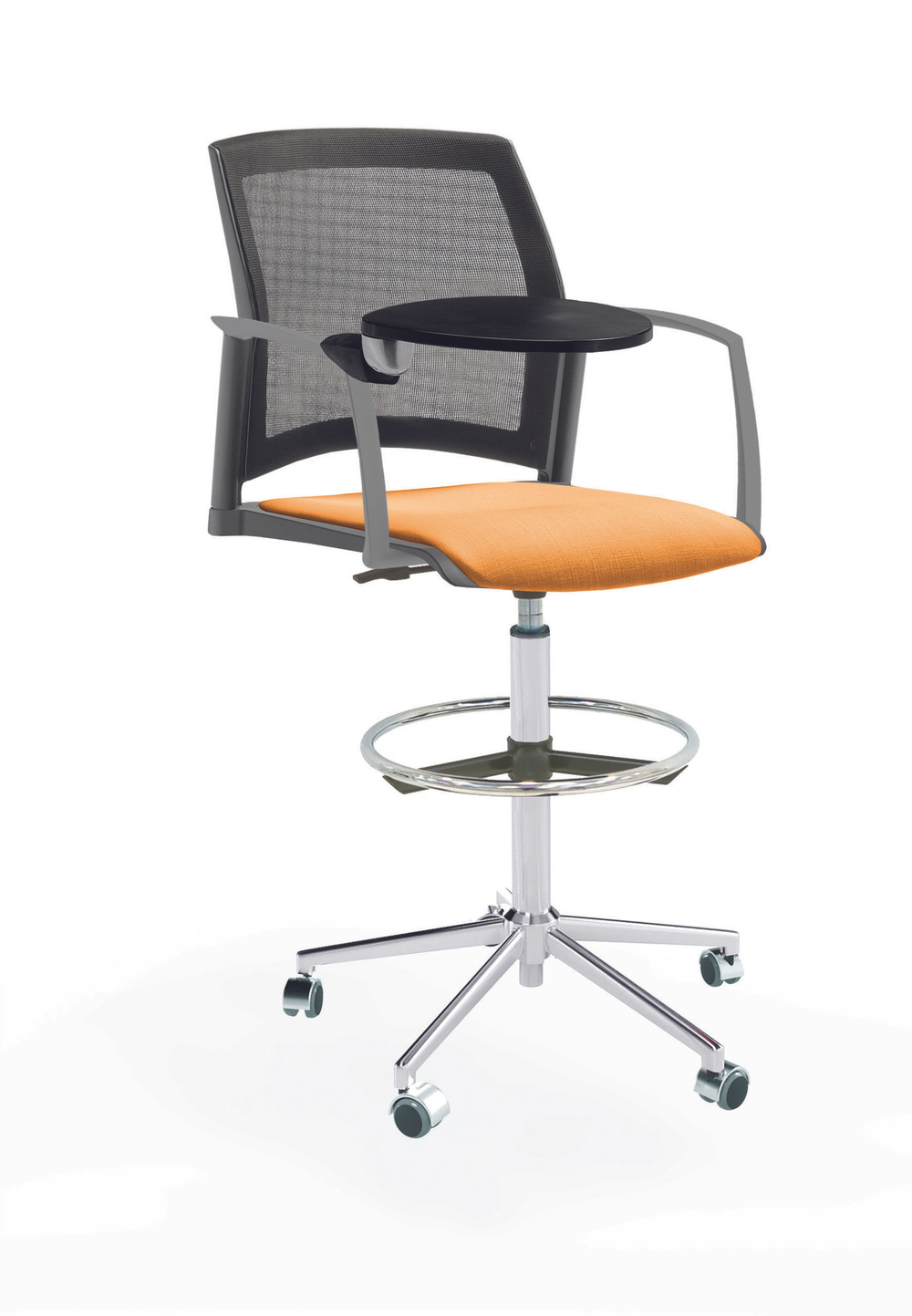Кресло Rewind каркас хром, пластик серый, база стальная хромированная, с закрытыми подлокотниками и пюпитром, сиденье оранжевое, спинка-сетка